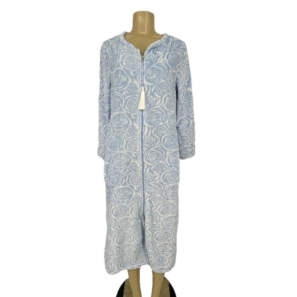 Ella Simone Small Women Sculpted Rose Zip-Front Fleece Robe Pockets Blue AC2